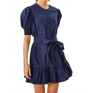 Navy Puff-Sleeve Mini Dress with Waist Tie